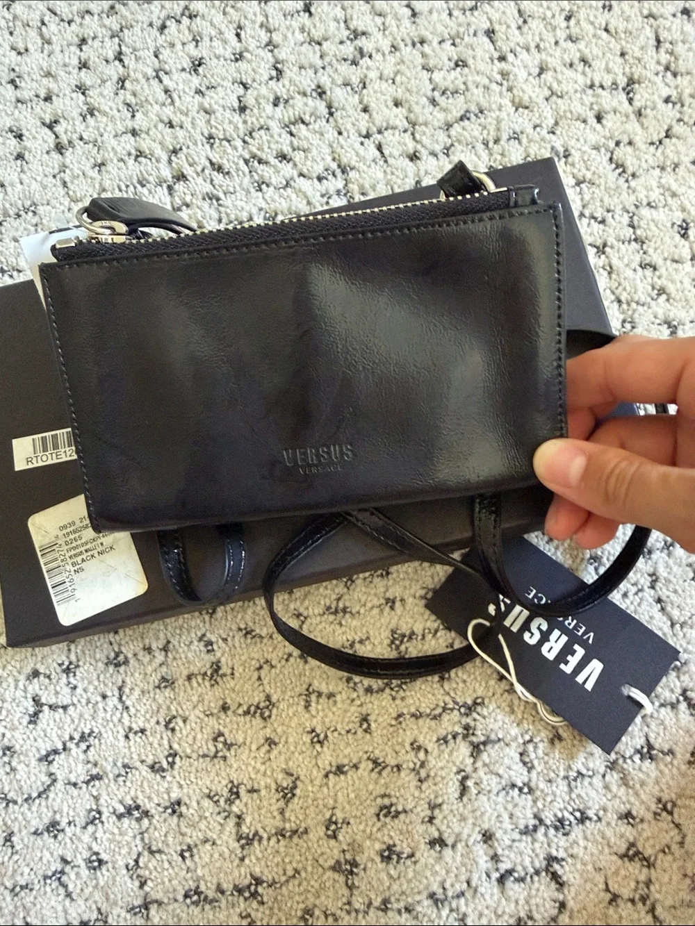 Versus Versace Black Leather Key & Card Holder with Silver Safety Pin